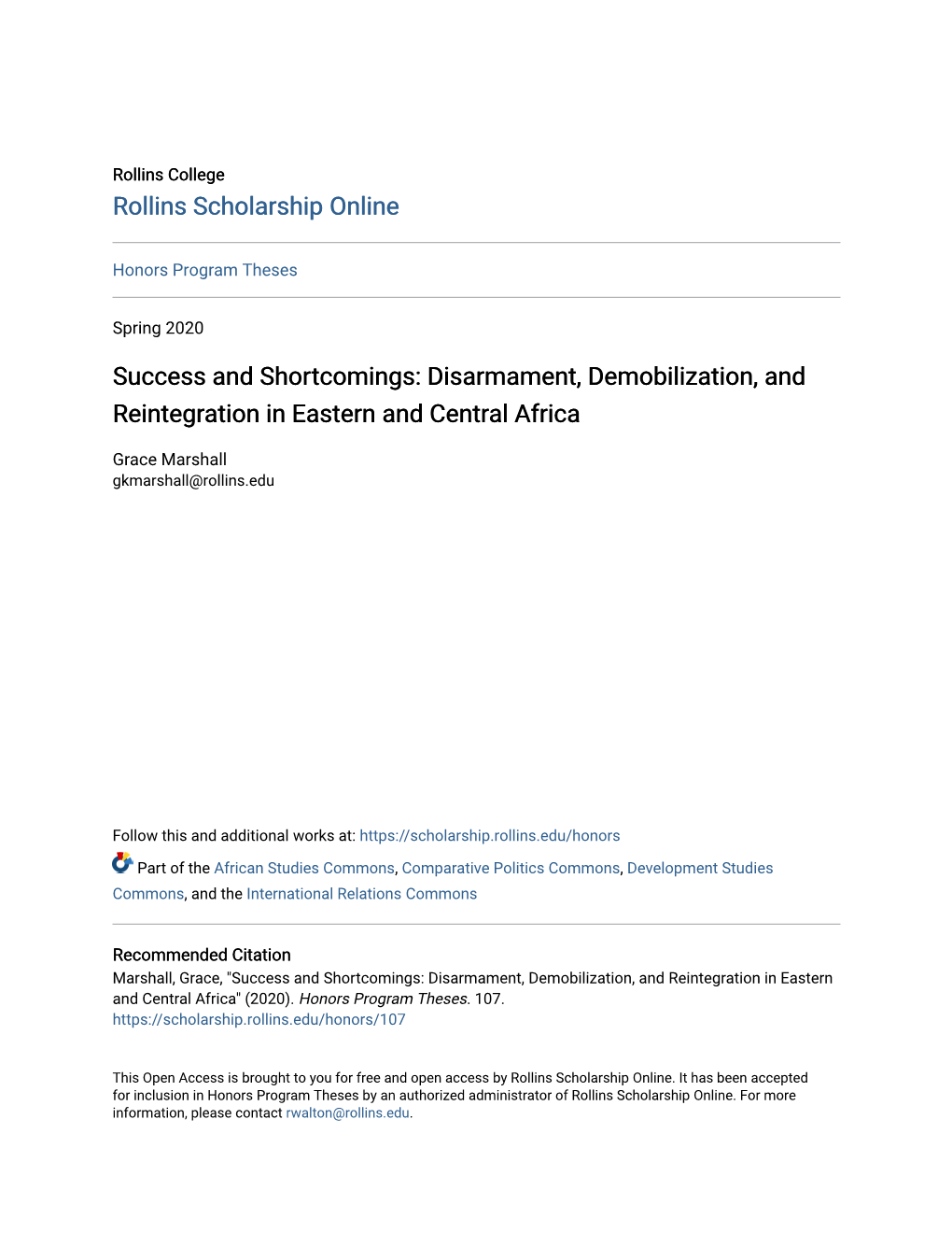Disarmament, Demobilization, and Reintegration in Eastern and Central Africa