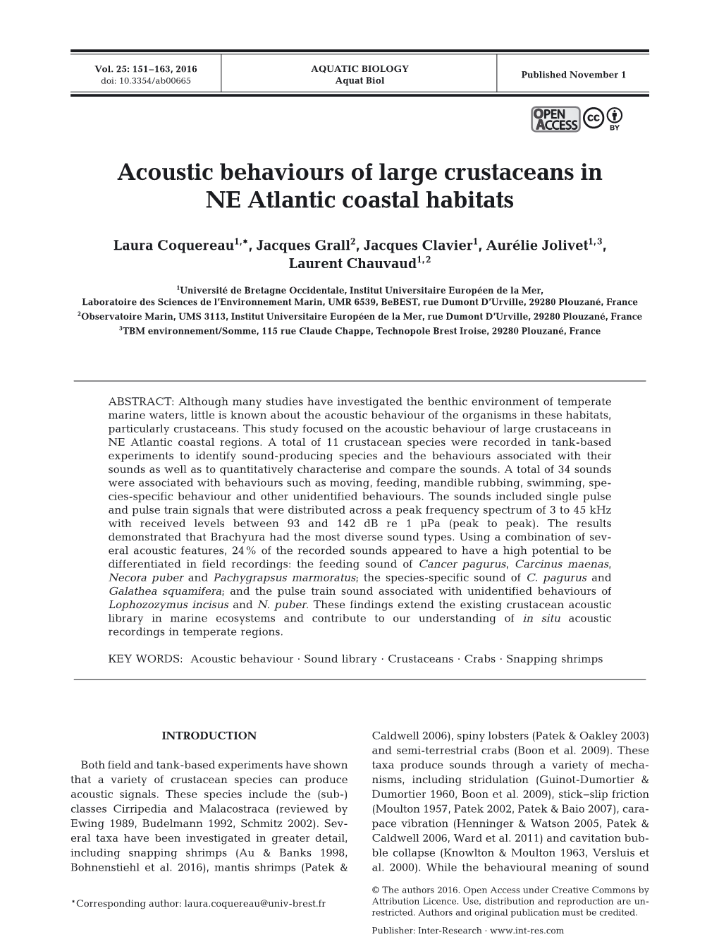 Acoustic Behaviours of Large Crustaceans in NE Atlantic Coastal Habitats