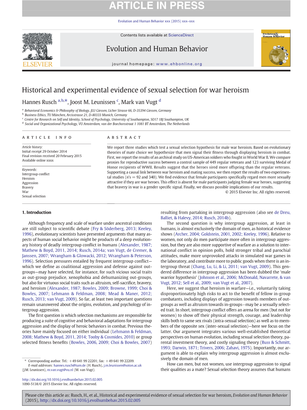 Historical and Experimental Evidence of Sexual Selection for War Heroism