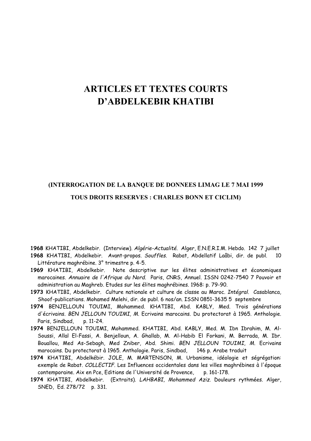 Articles Et Textes Courts D'abdelkebir Khatibi