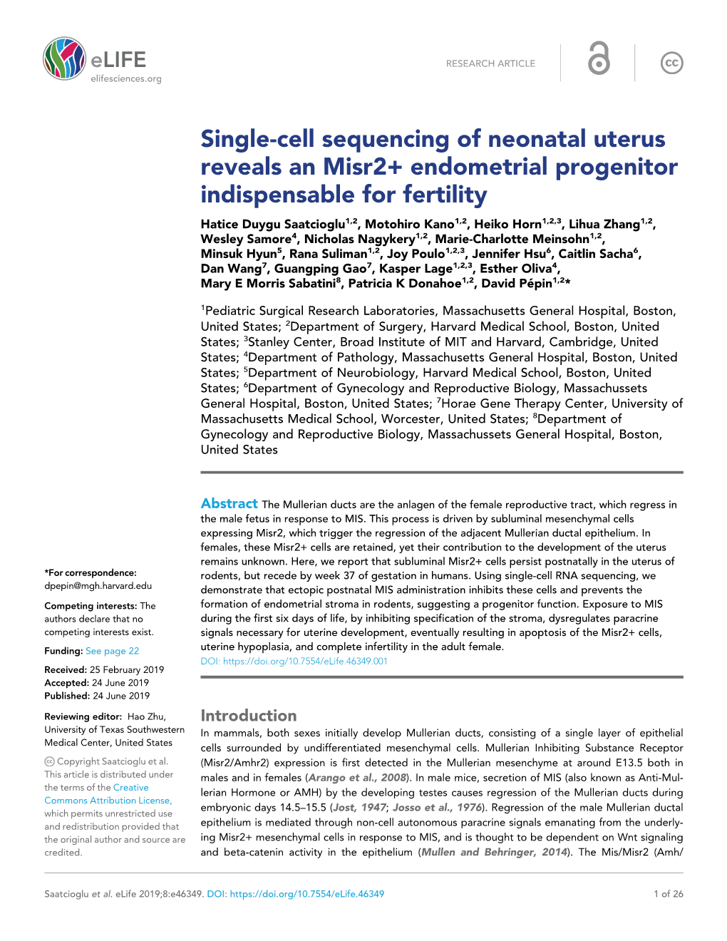 Single-Cell Sequencing of Neonatal Uterus Reveals an Misr2+