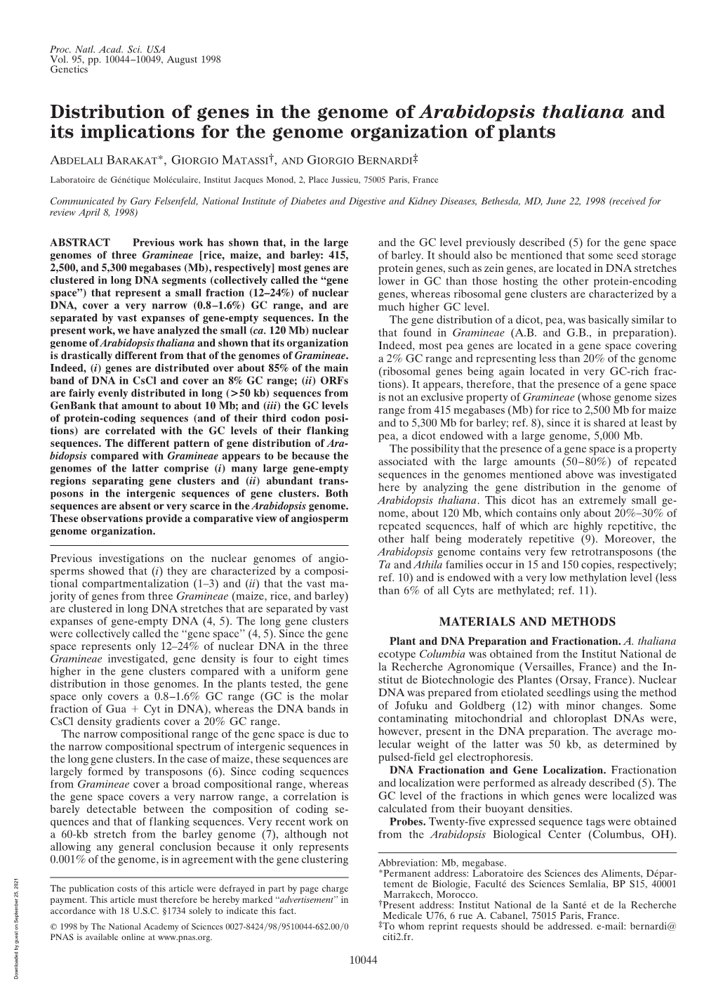 Distribution of Genes in the Genome of Arabidopsis Thaliana and Its Implications for the Genome Organization of Plants