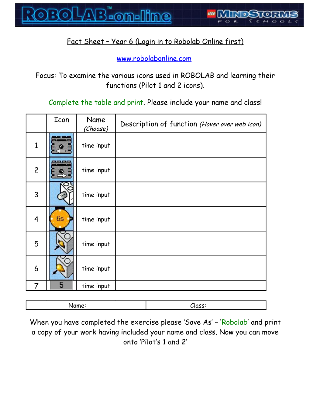 Fact Sheet Year 6 (Login in to Robolab Online First)