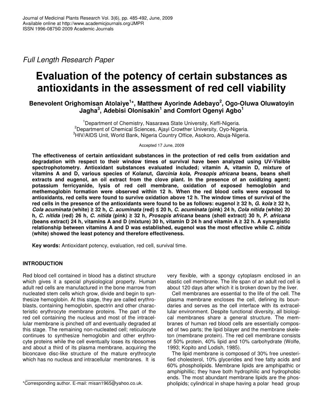 Evaluation of the Potency of Certain Substances As Antioxidants in the Assessment of Red Cell Viability