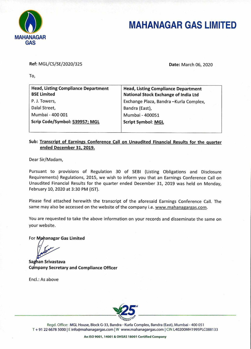 Mahanagar Gas Limited Q3 FY20 Earnings Call Transcriptdownload