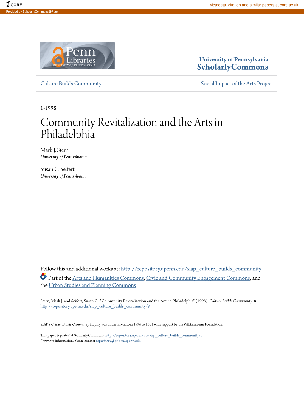 Community Revitalization and the Arts in Philadelphia Mark J