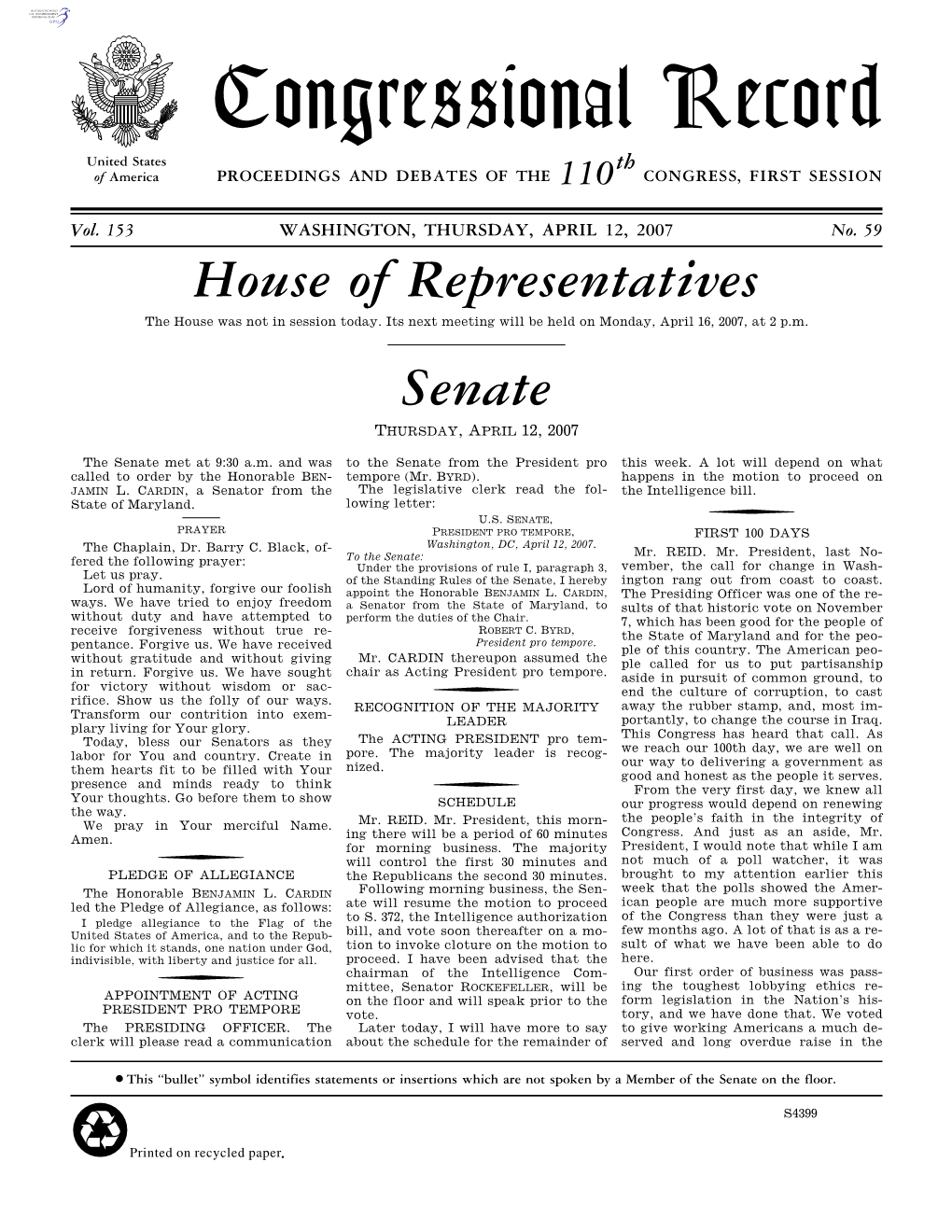 Congressional Record United States Th of America PROCEEDINGS and DEBATES of the 110 CONGRESS, FIRST SESSION