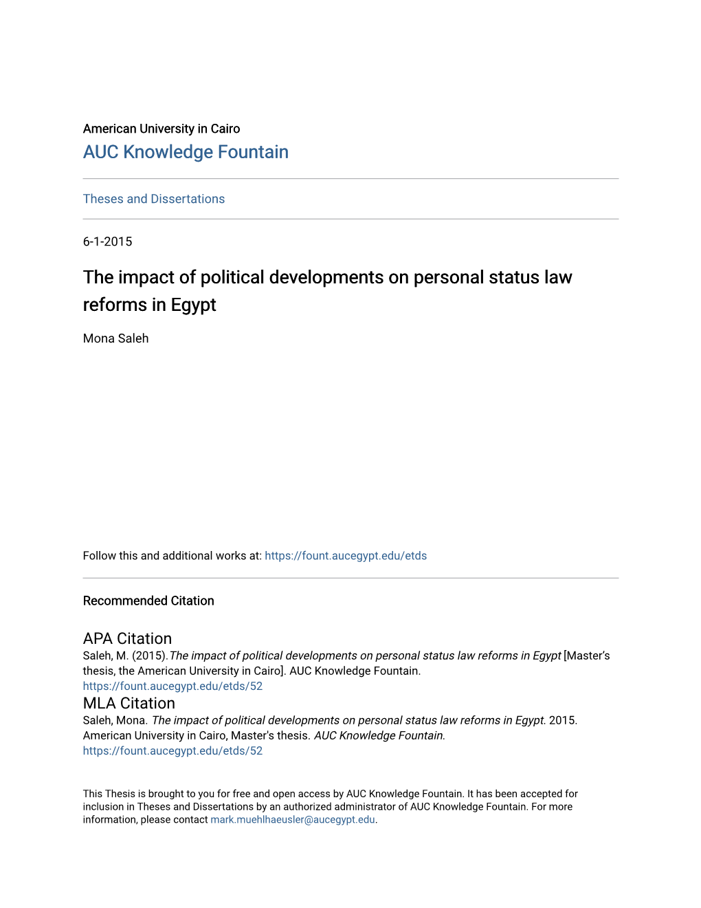 The Impact of Political Developments on Personal Status Law Reforms in Egypt