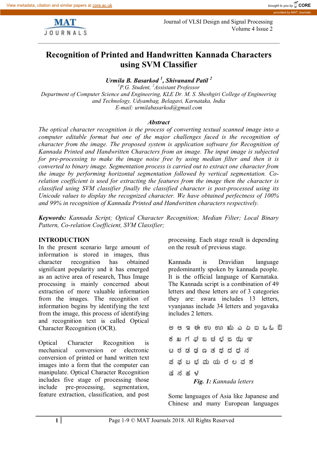 Recognition of Printed and Handwritten Kannada Characters Using SVM Classifier