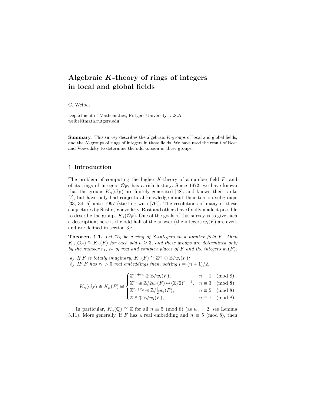Algebraic K-Theory of Rings of Integers in Local and Global Fields