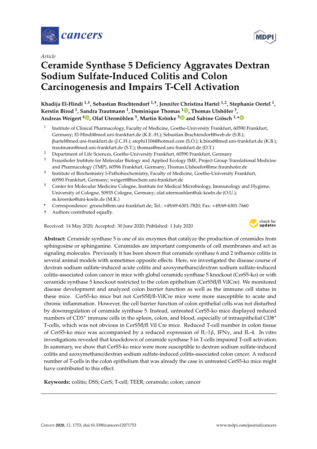 Ceramide Synthase 5 Deficiency Aggravates Dextran Sodium Sulfate