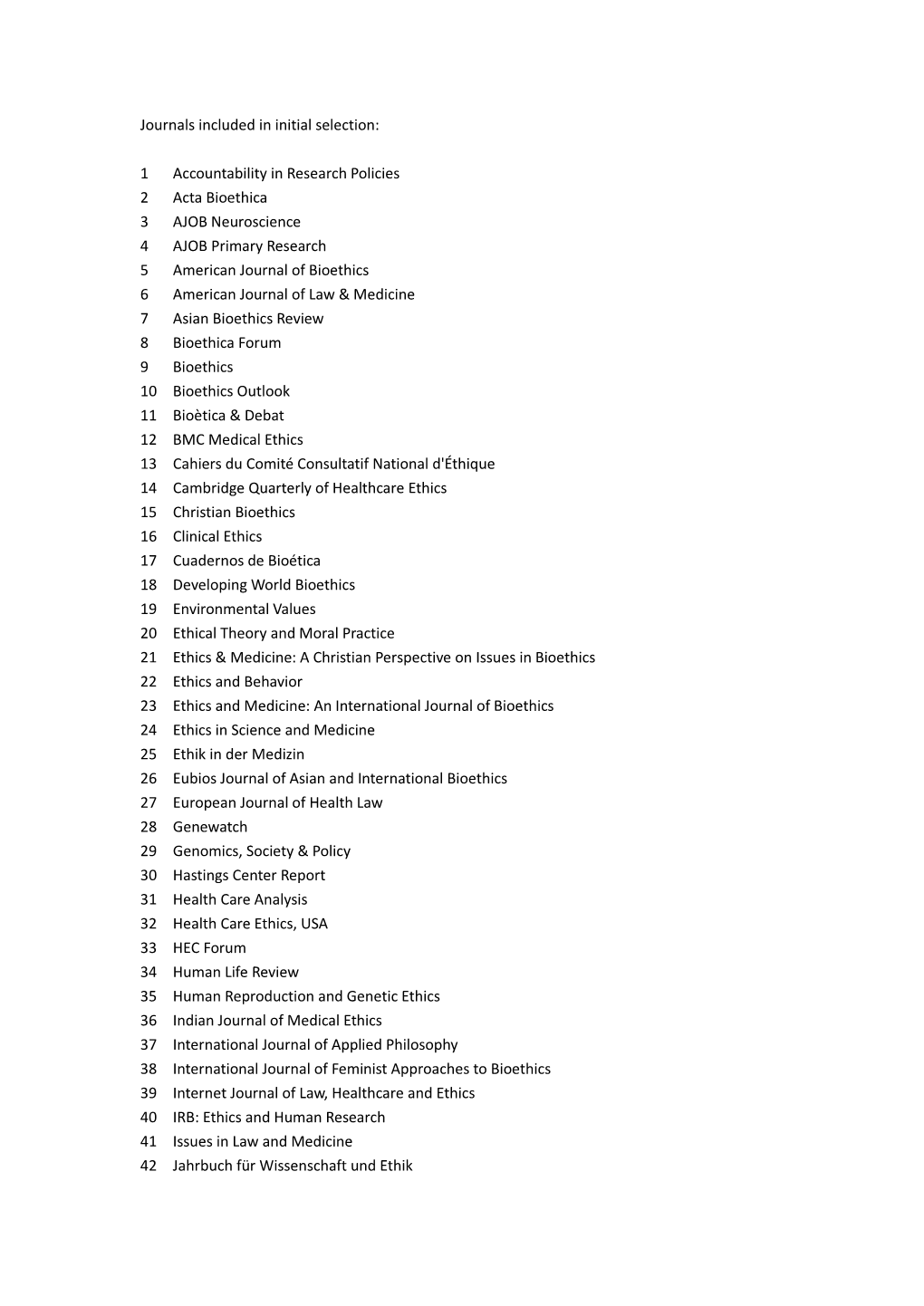 Journals Included in Initial Selection: 1 Accountability in Research Policies