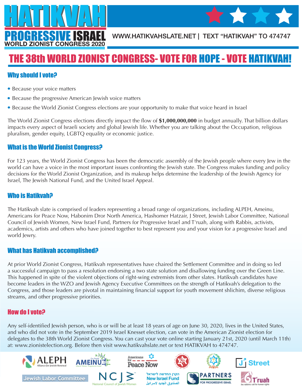 THE 38Th WORLD ZIONIST CONGRESS- VOTE for HOPE - VOTE HATIKVAH!