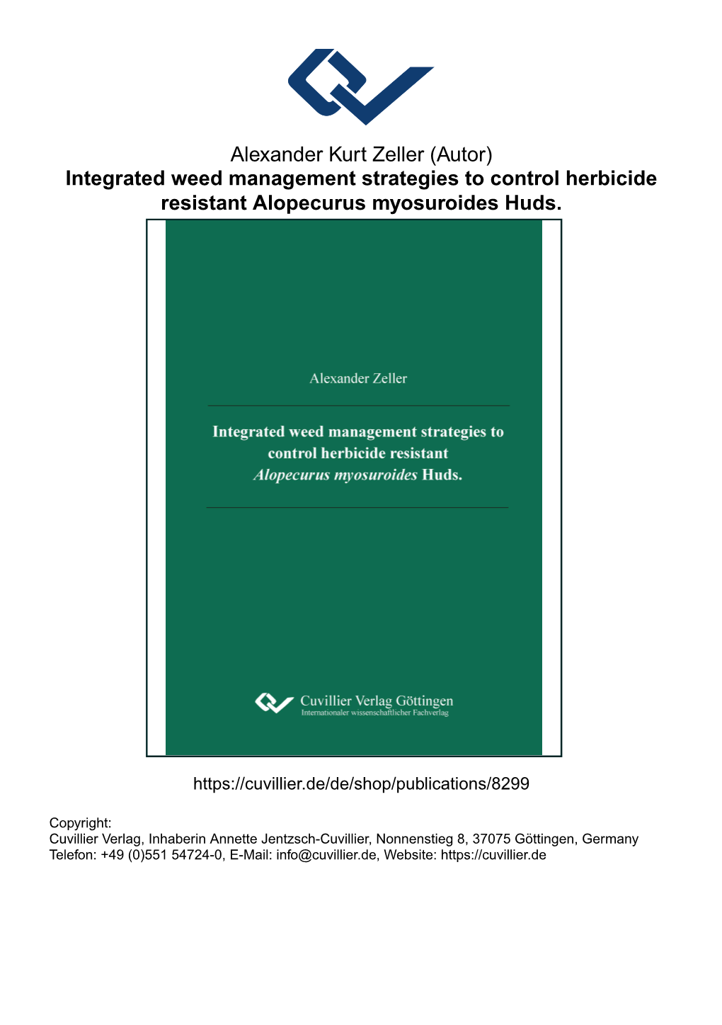 (Autor) Integrated Weed Management Strategies to Control Herbicide Resistant Alopecurus Myosuroides Huds