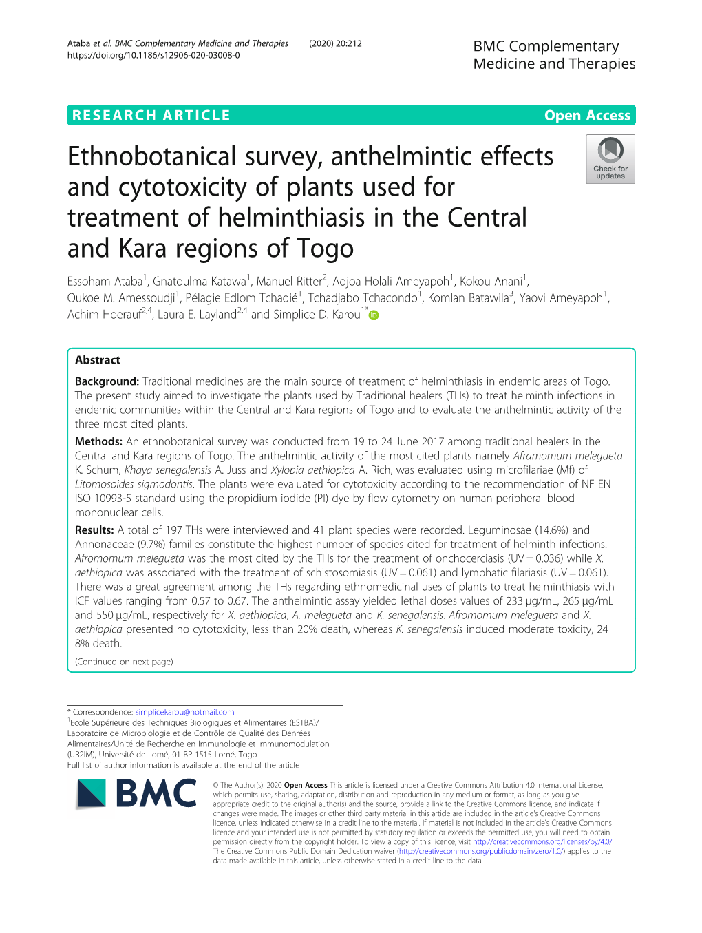 Ethnobotanical Survey, Anthelmintic Effects and Cytotoxicity of Plants