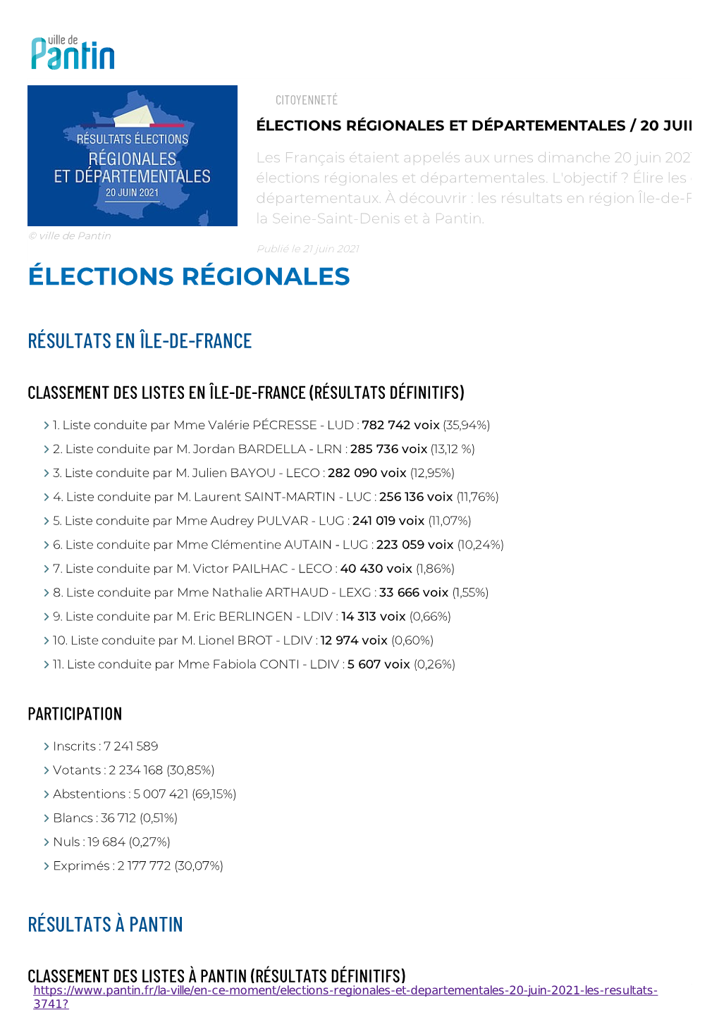 Élections Régionales Et Départementales / 20 Juin 2021 : Les Résultats