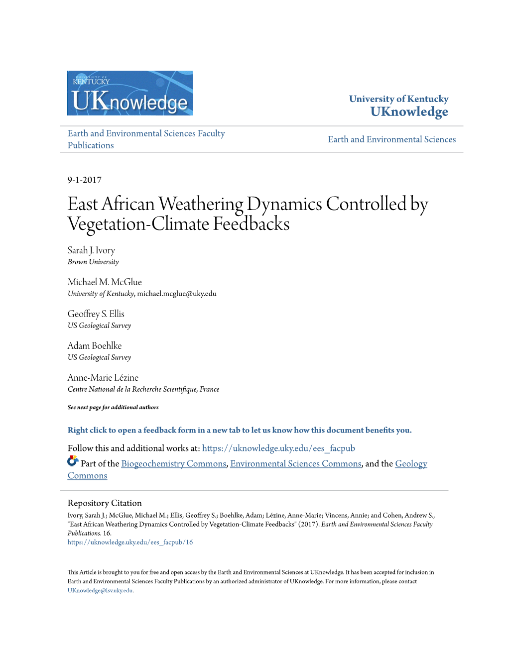 East African Weathering Dynamics Controlled by Vegetation-Climate Feedbacks Sarah J