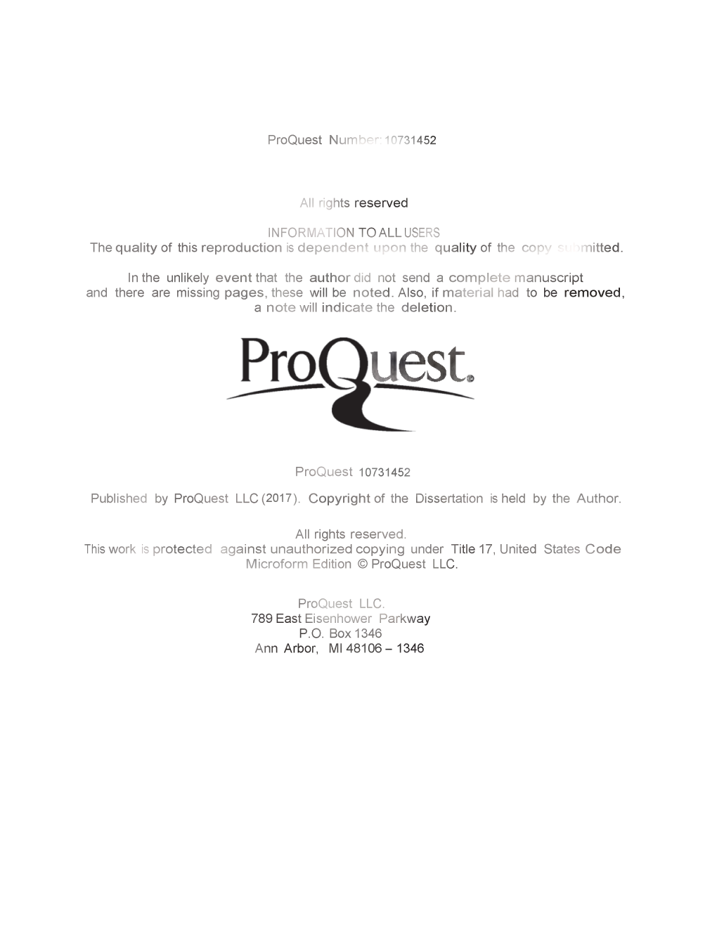 Proquest Number: 10731452 All Rights Reserved INFORMATION TO
