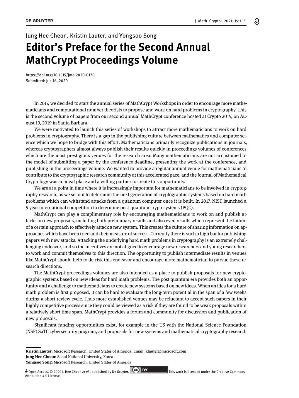 Editor's Preface for the Second Annual Mathcrypt Proceedings Volume