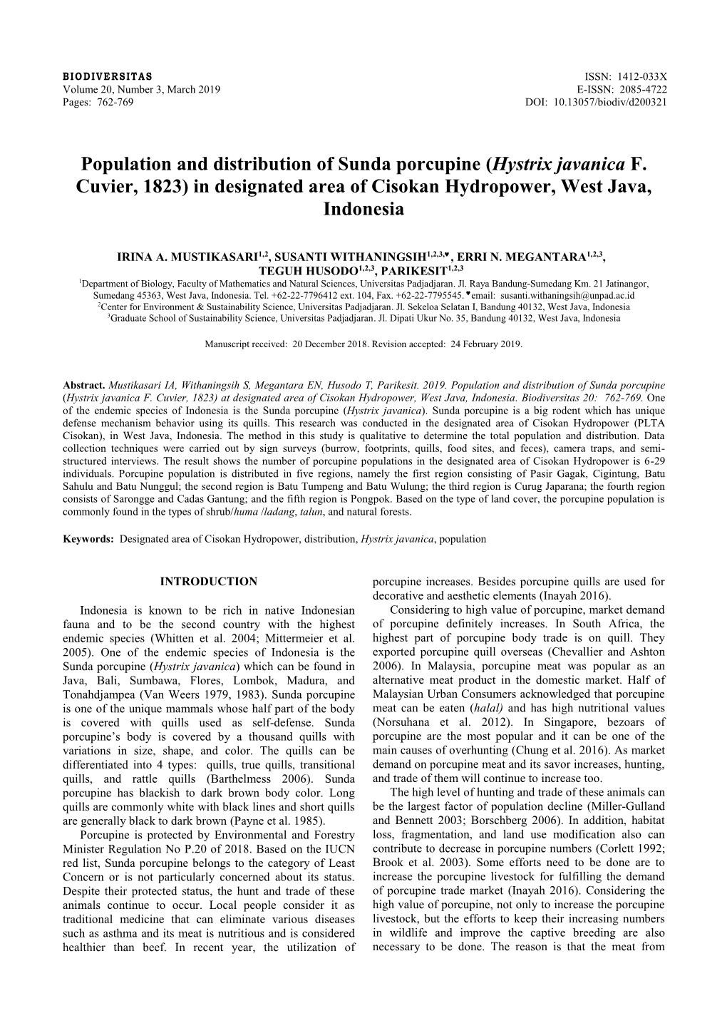 Population and Distribution of Sunda Porcupine (Hystrix Javanica F. Cuvier, 1823) in Designated Area of Cisokan Hydropower, West Java, Indonesia