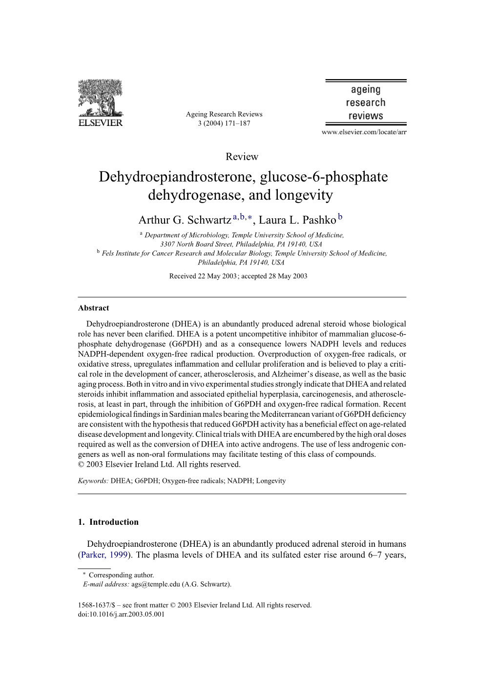 Dehydroepiandrosterone, Glucose-6-Phosphate Dehydrogenase, and Longevity Arthur G