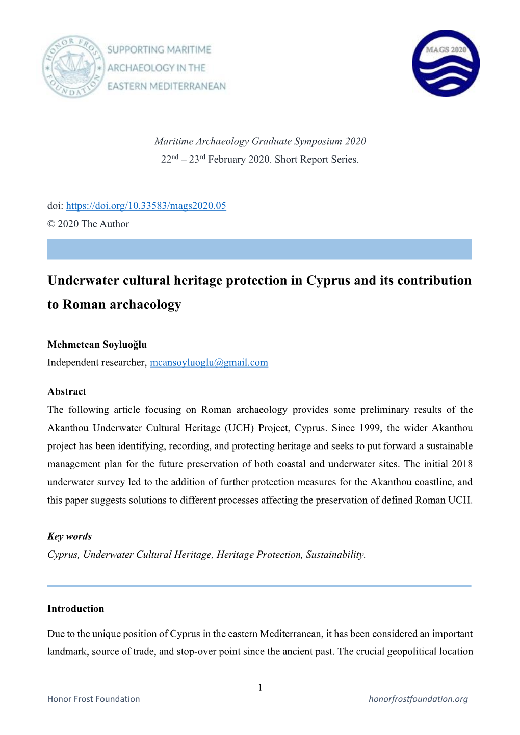 M. Soyluoğlu. Underwater Cultural Heritage Protection in Cyprus And