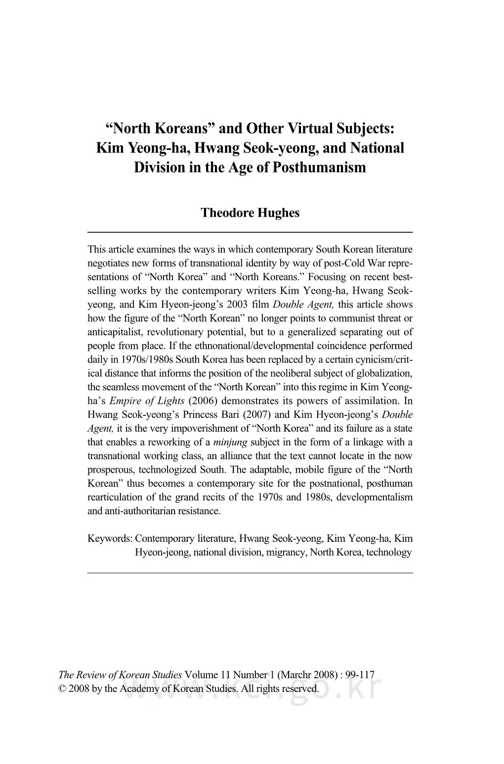 “North Koreans” and Other Virtual Subjects: Kim Yeong-Ha, Hwang Seok-Yeong, and National Division in the Age of Posthumanism