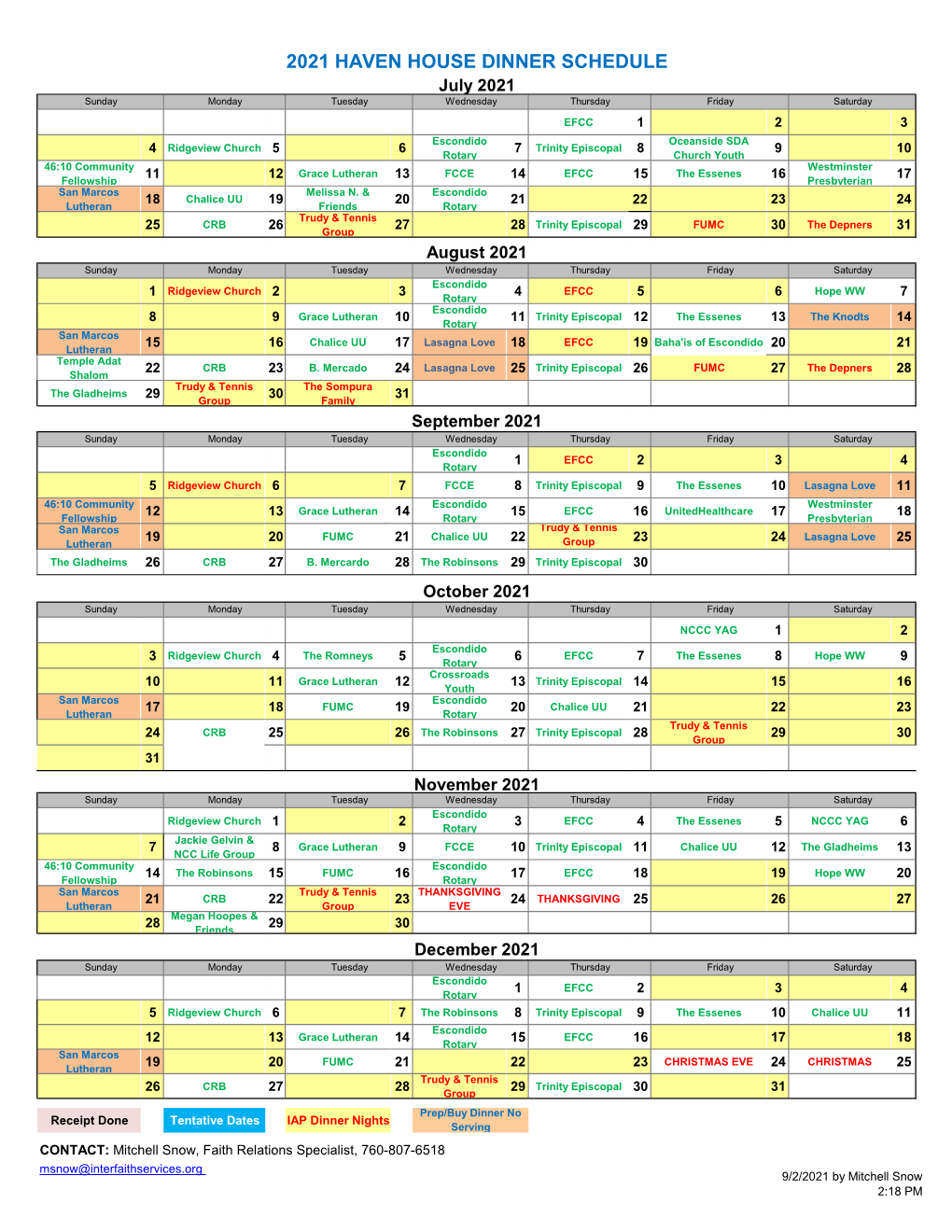 2021 Haven House Dinner Schedule