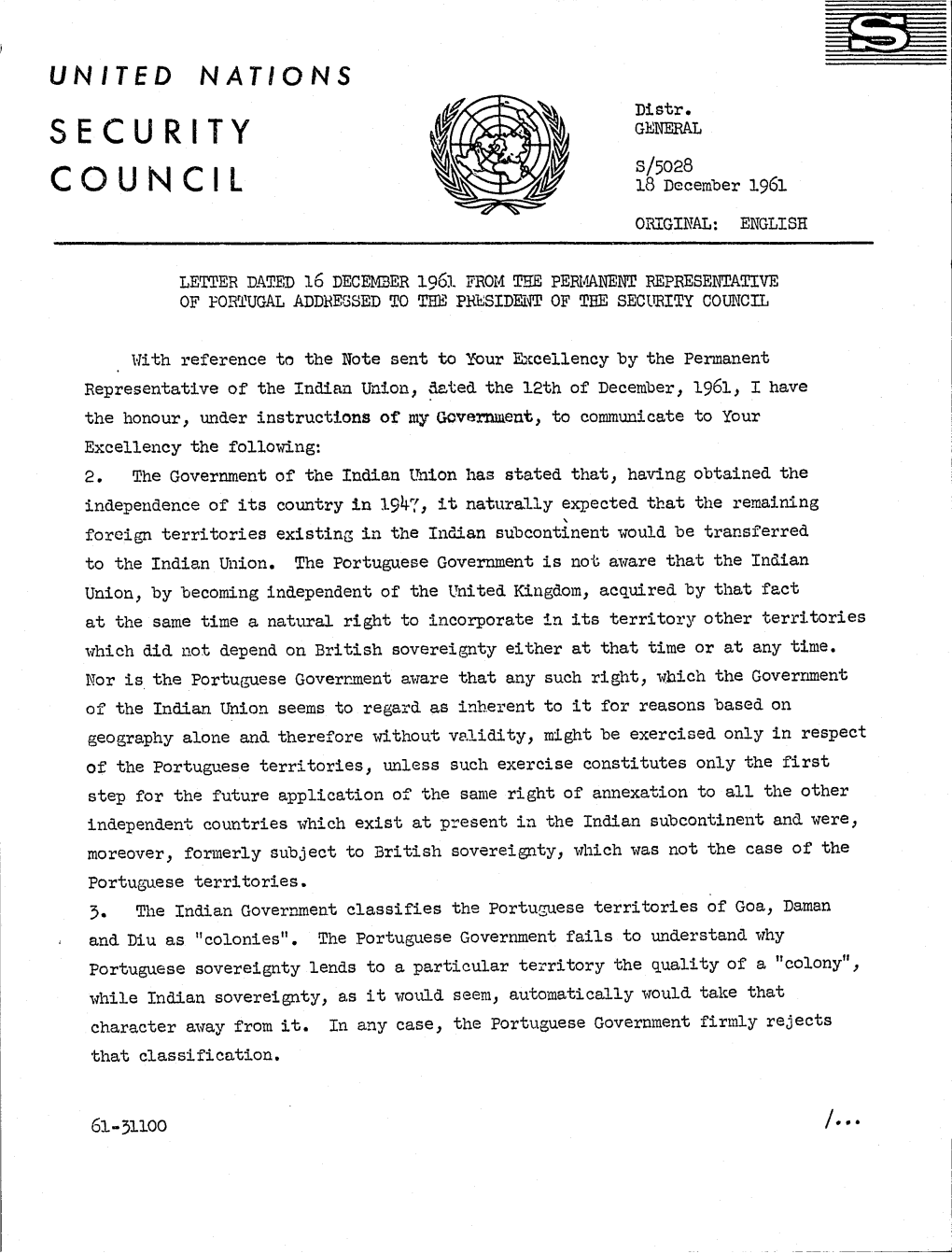 SECURITY G:Blneral 8/5028 COUNCIL 18 December 1961