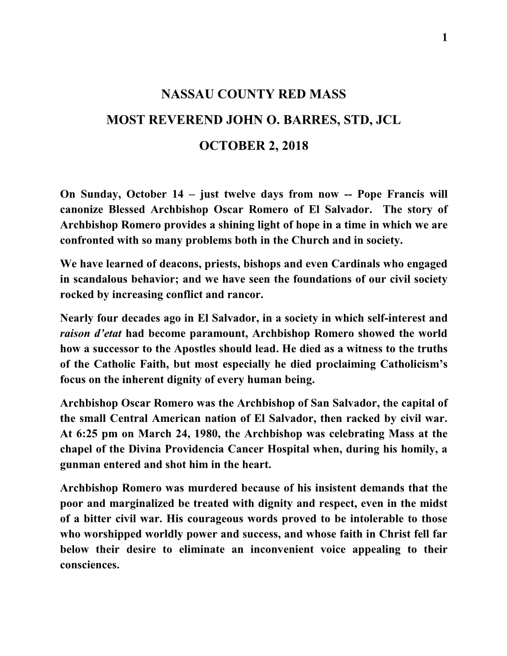 Nassau County Red Mass Most Reverend John O. Barres, Std, Jcl October 2, 2018