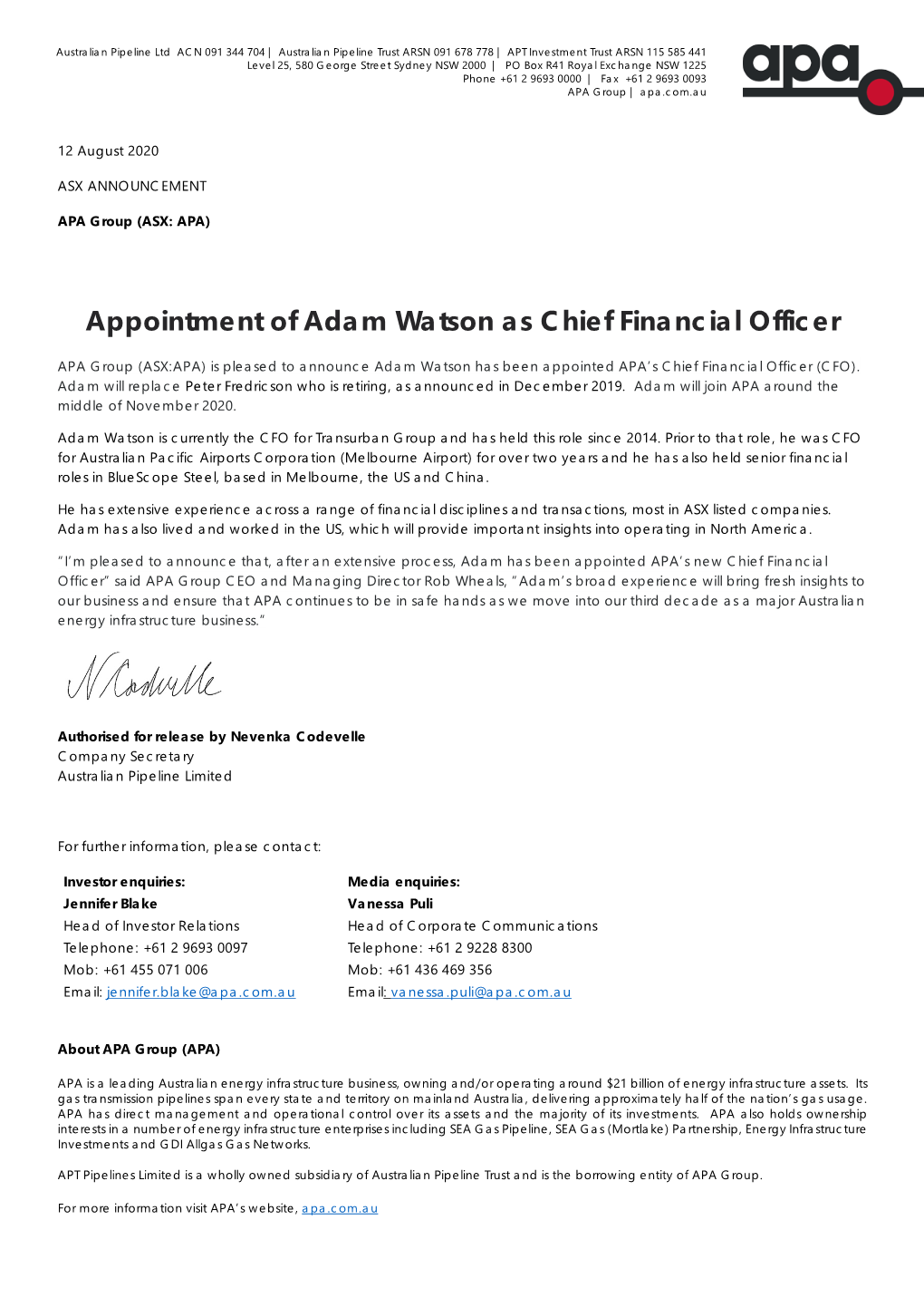Appointment of Adam Watson As Chief Financial Officer