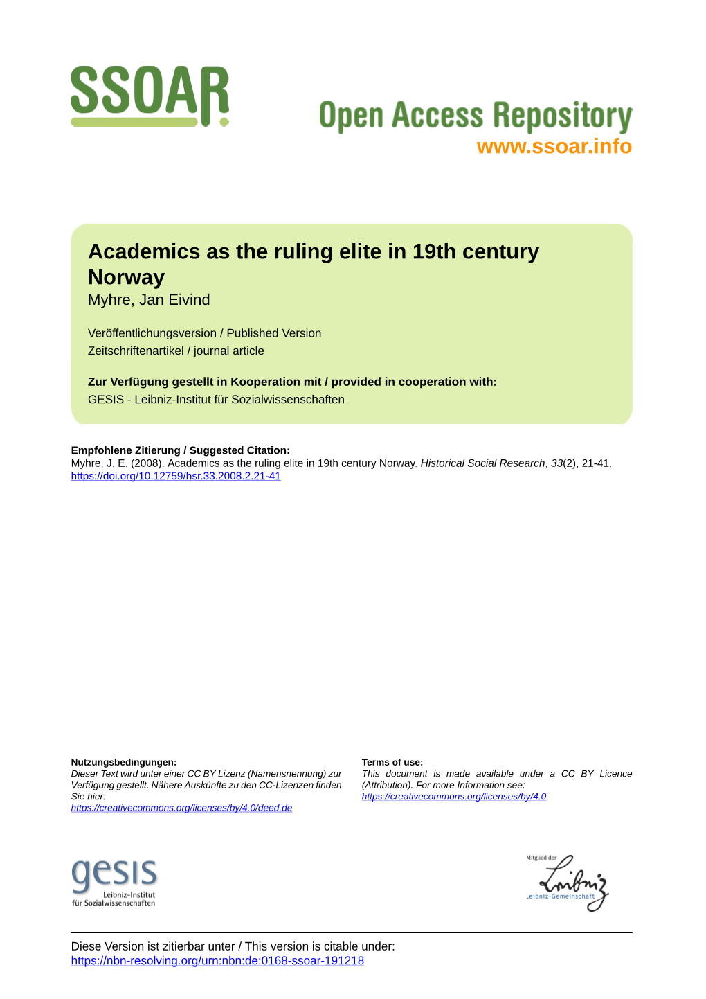 Academics As the Ruling Elite in 19Th Century Norway Myhre, Jan Eivind