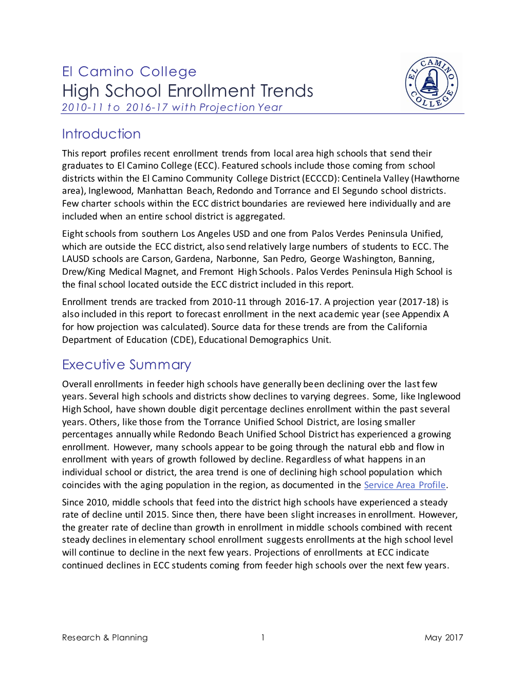 High School Enrollment Trends 2010-11 T O 2016-17 with Projection Year