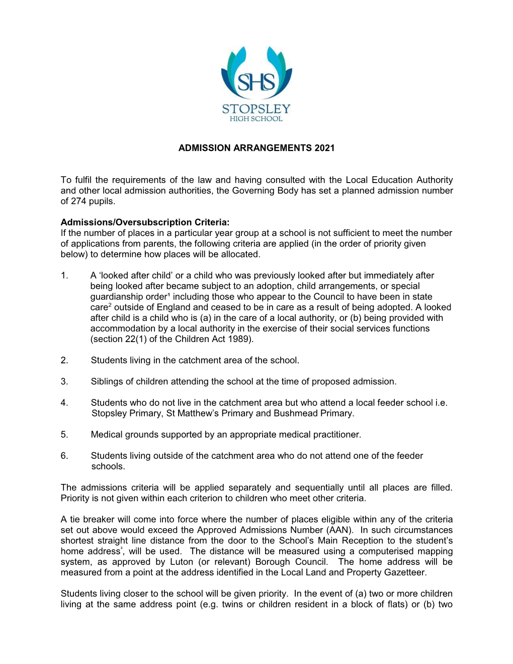 Stopsley High School Admission Arrangements 2021