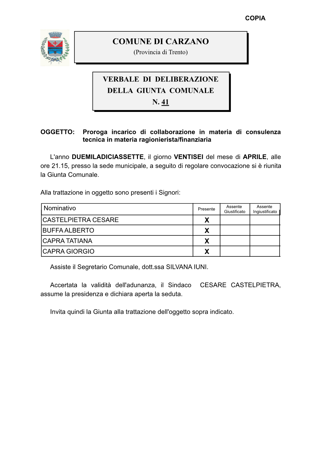 COMUNE DI CARZANO (Provincia Di Trento)