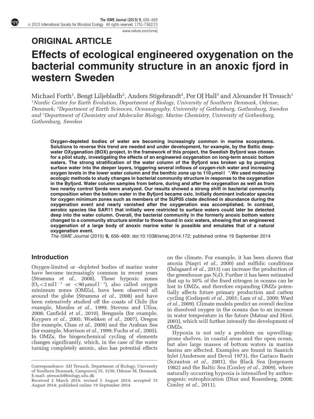 Effects of Ecological Engineered Oxygenation on the Bacterial Community Structure in an Anoxic Fjord in Western Sweden