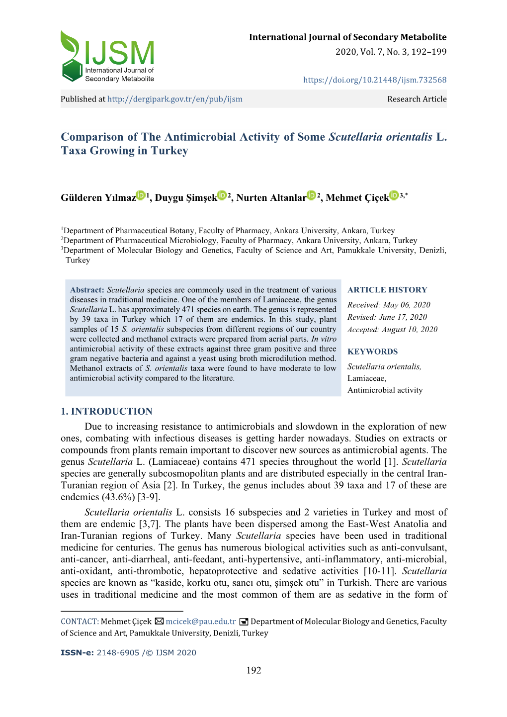 Comparison of the Antimicrobial Activity of Some Scutellaria Orientalis L