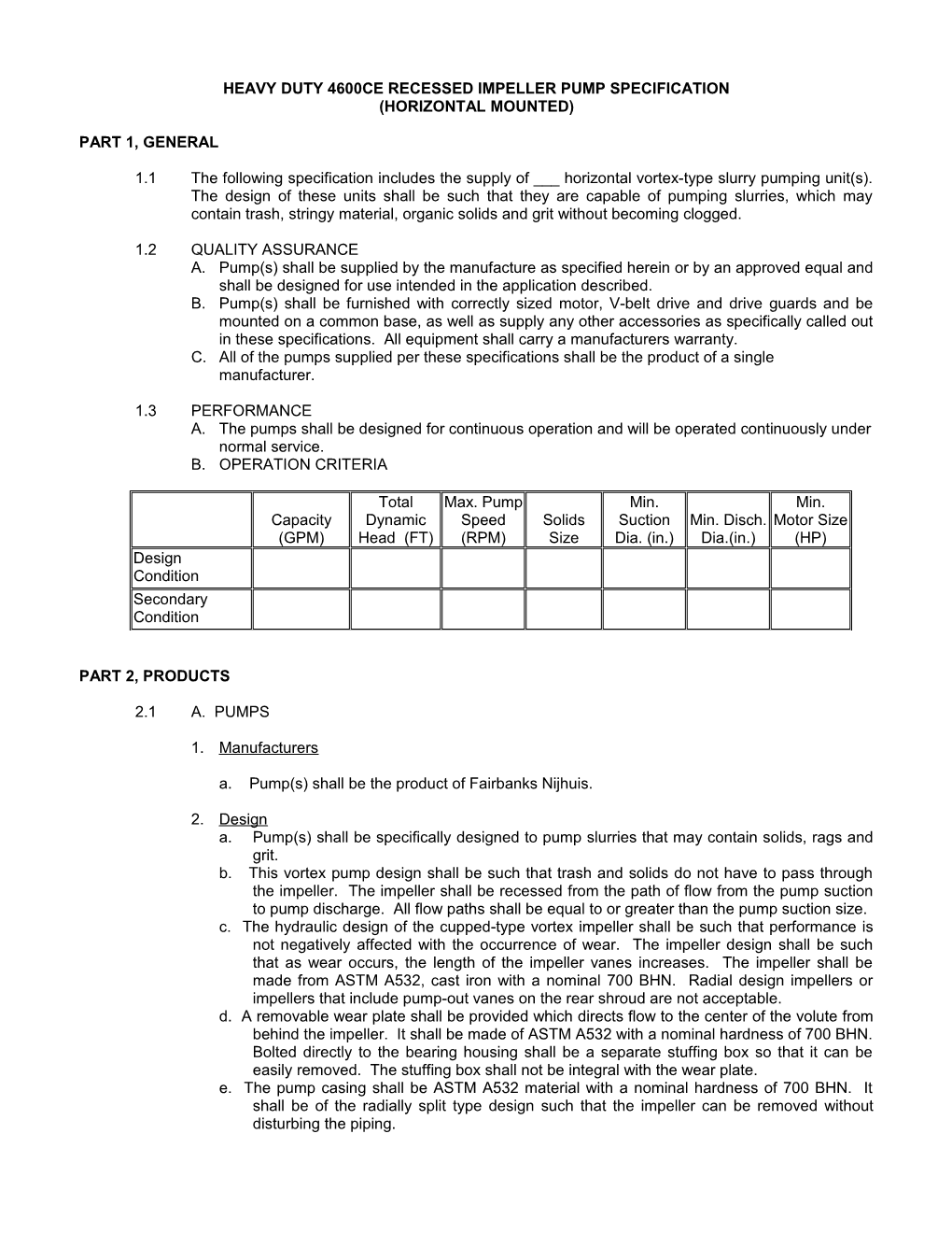 Heavy Duty Type-C Recessed Impeller Pump Specification