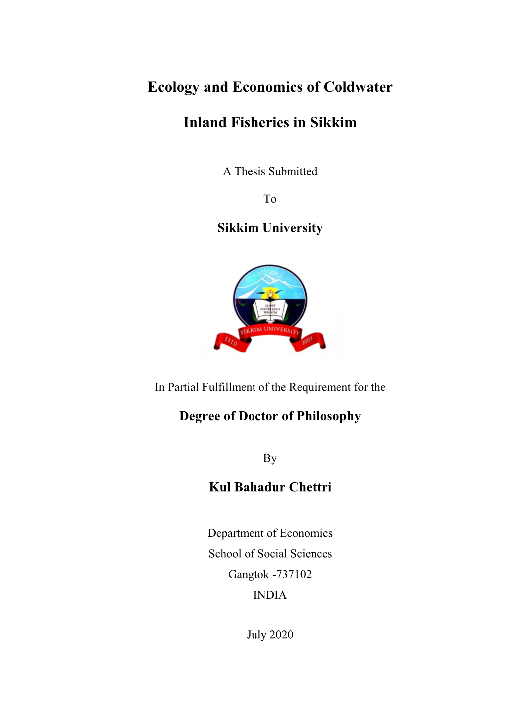 Ecology and Economics of Coldwater Inland Fisheries in Sikkim