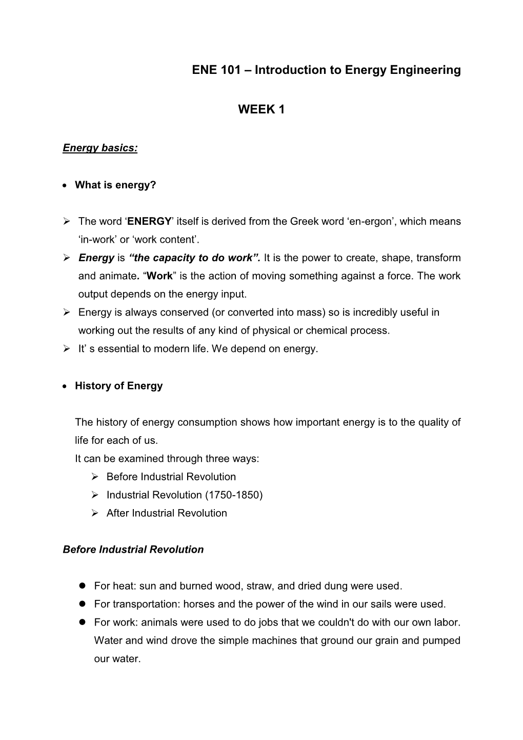 ENE 101 – Introduction to Energy Engineering WEEK 1