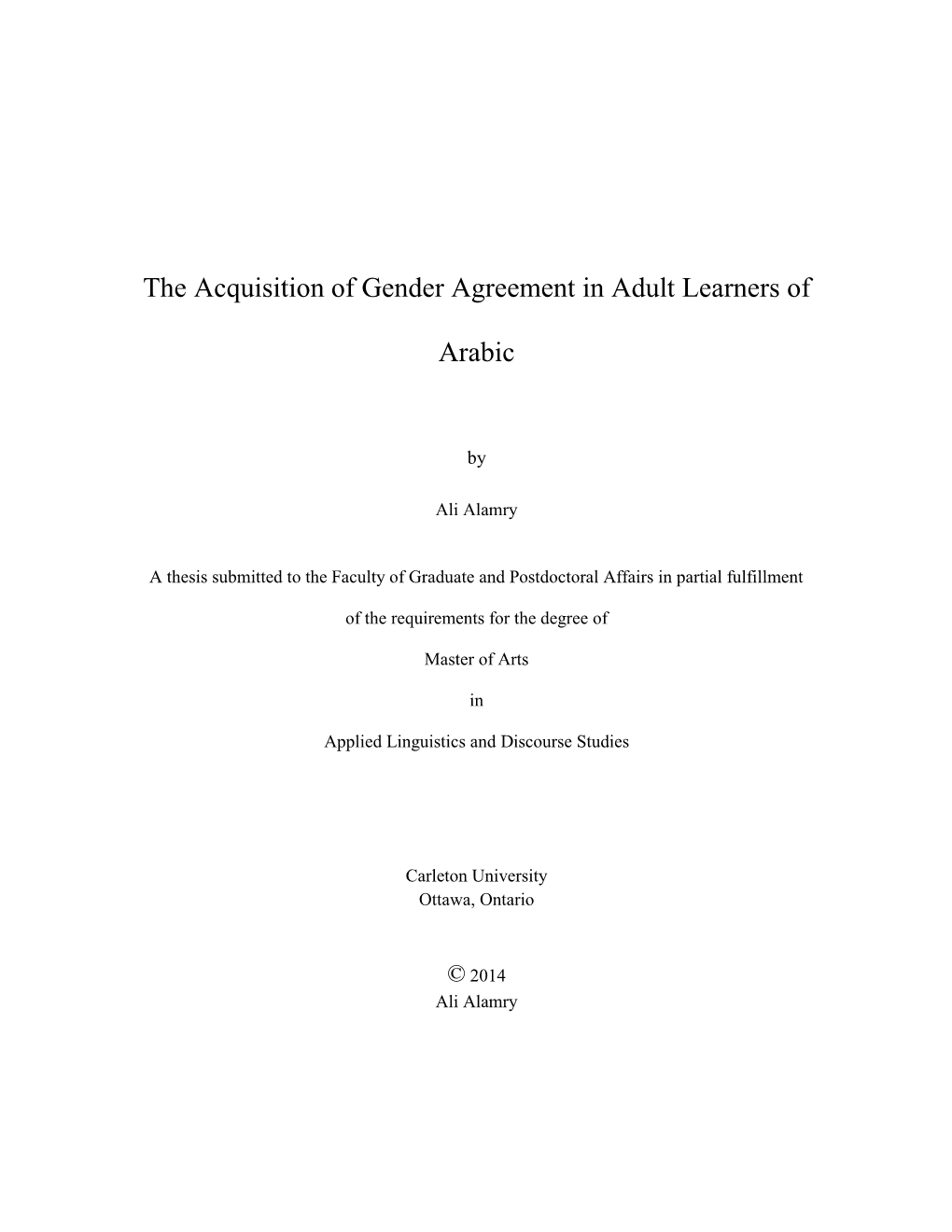 The Acquisition of Gender Agreement in Adult Learners of Arabic