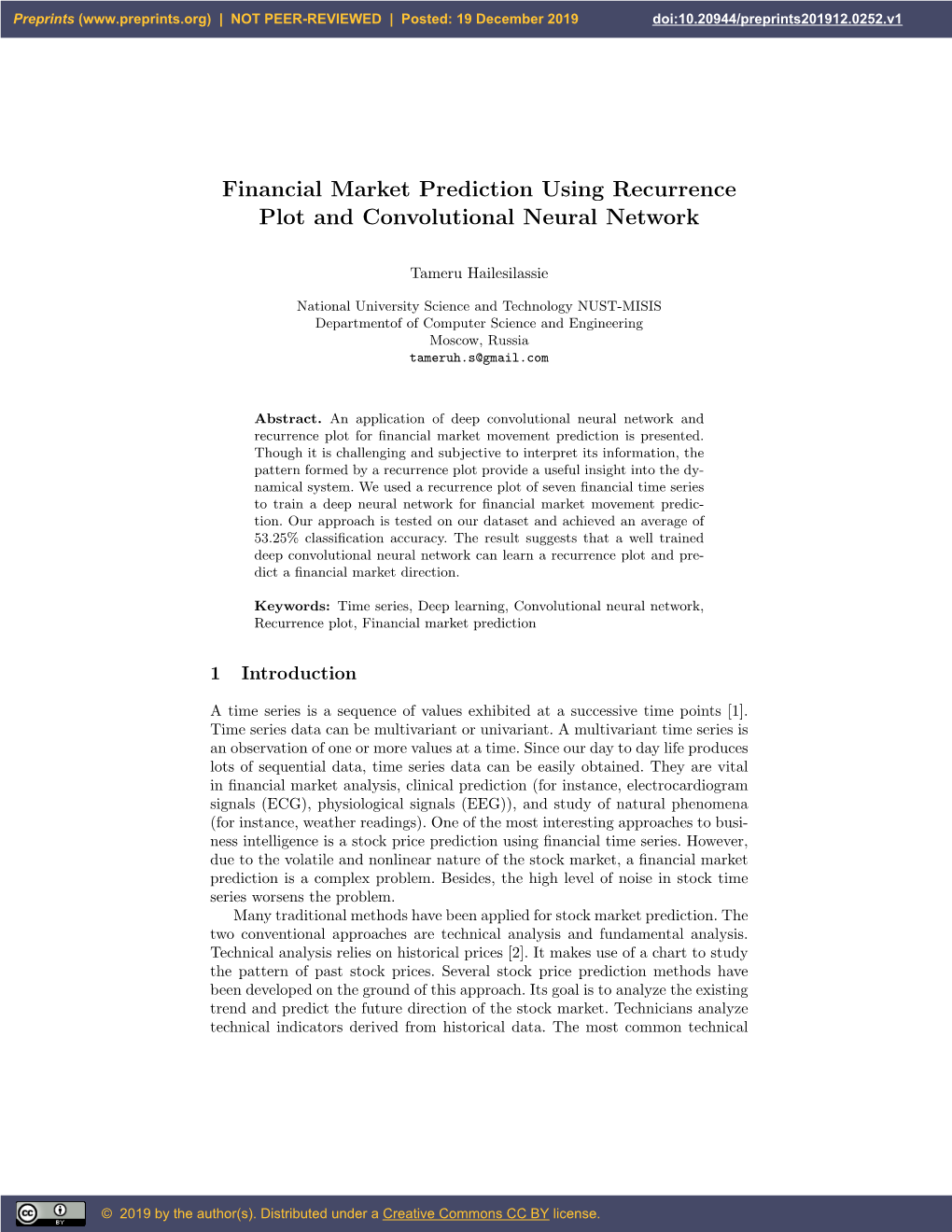 Financial Market Prediction Using Recurrence Plot and Convolutional Neural Network