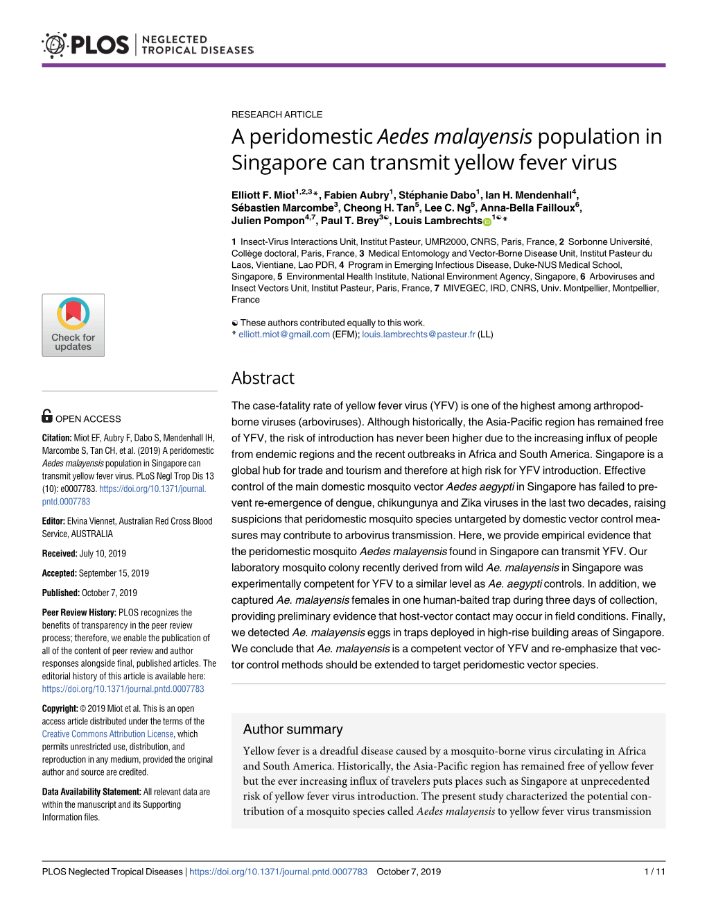 A Peridomestic Aedes Malayensis Population in Singapore Can Transmit Yellow Fever Virus