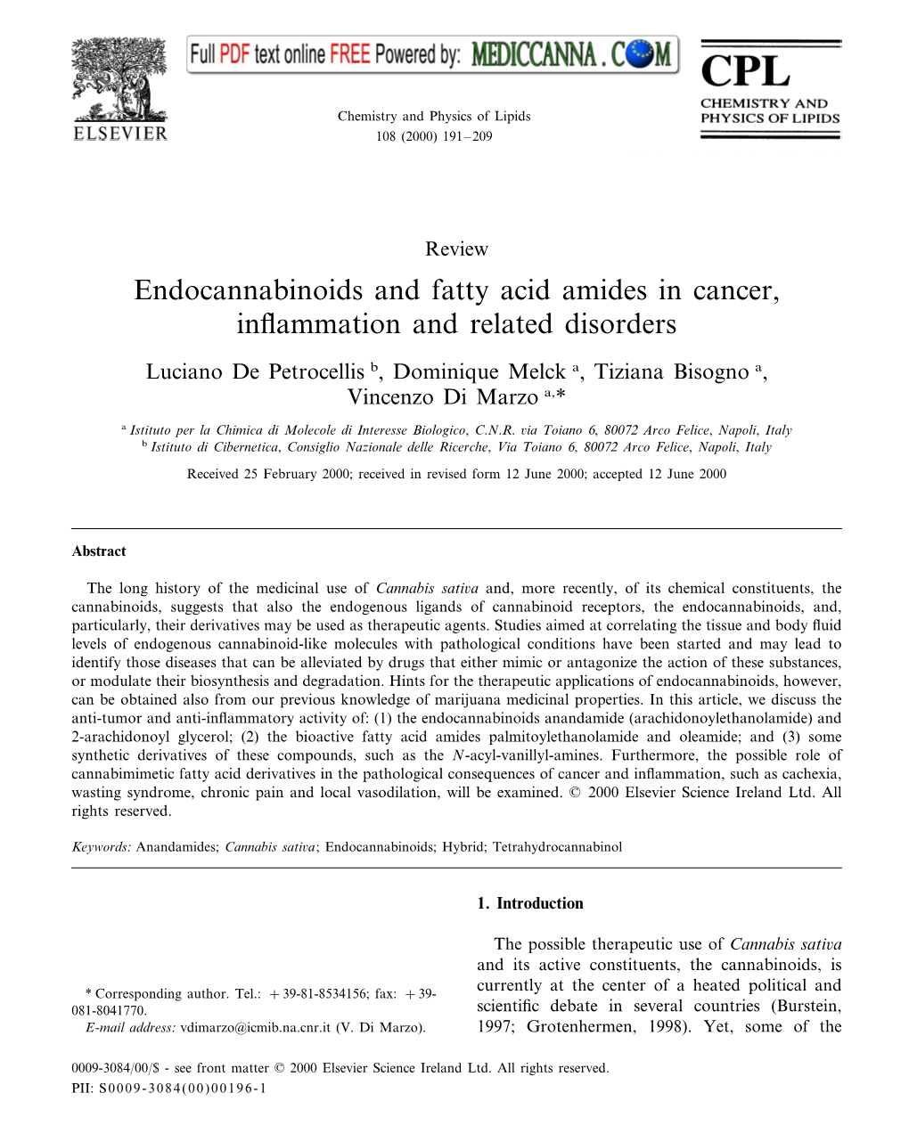 Endocannabinoids and Fatty Acid Amides in Cancer, Inflammation And