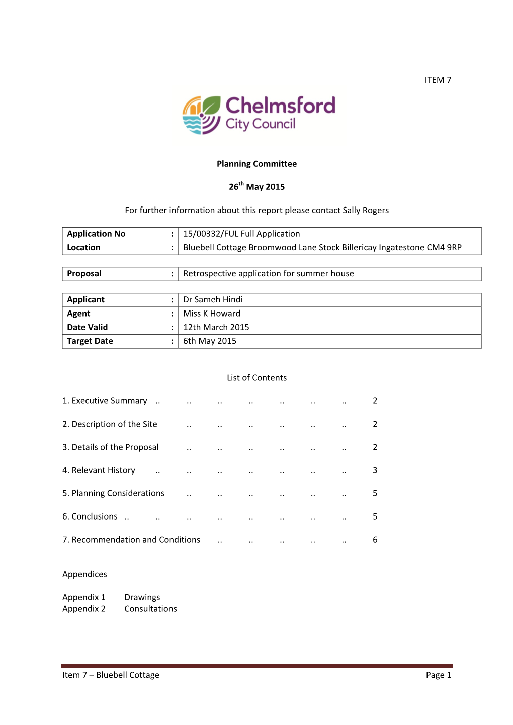 Bluebell Cottage Page 1 ITEM 7 Planning Committee 26Th May 2015