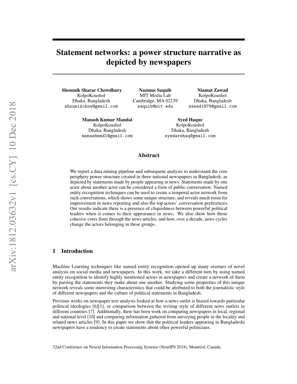 Statement Networks: a Power Structure Narrative As Depicted by Newspapers