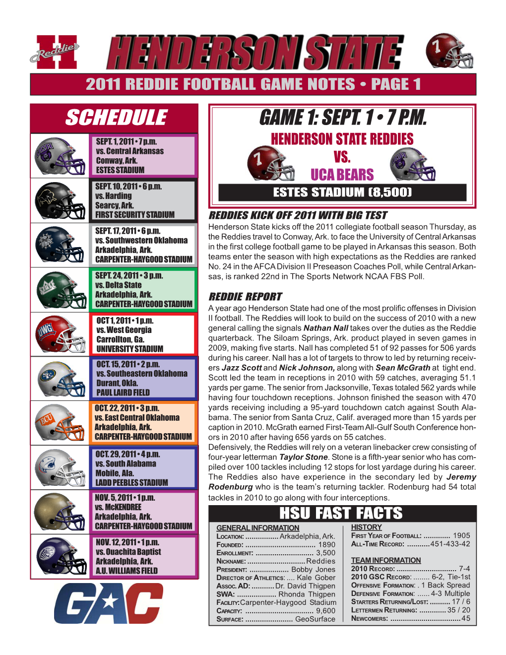 2011 Reddie Football Game Notes • Page 1 Schedule Game 1: Sept