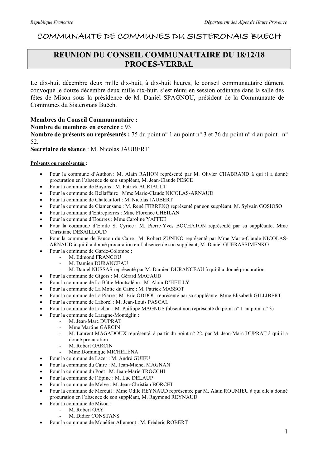 Conseil Communautaire Du 18 Décembre 2018