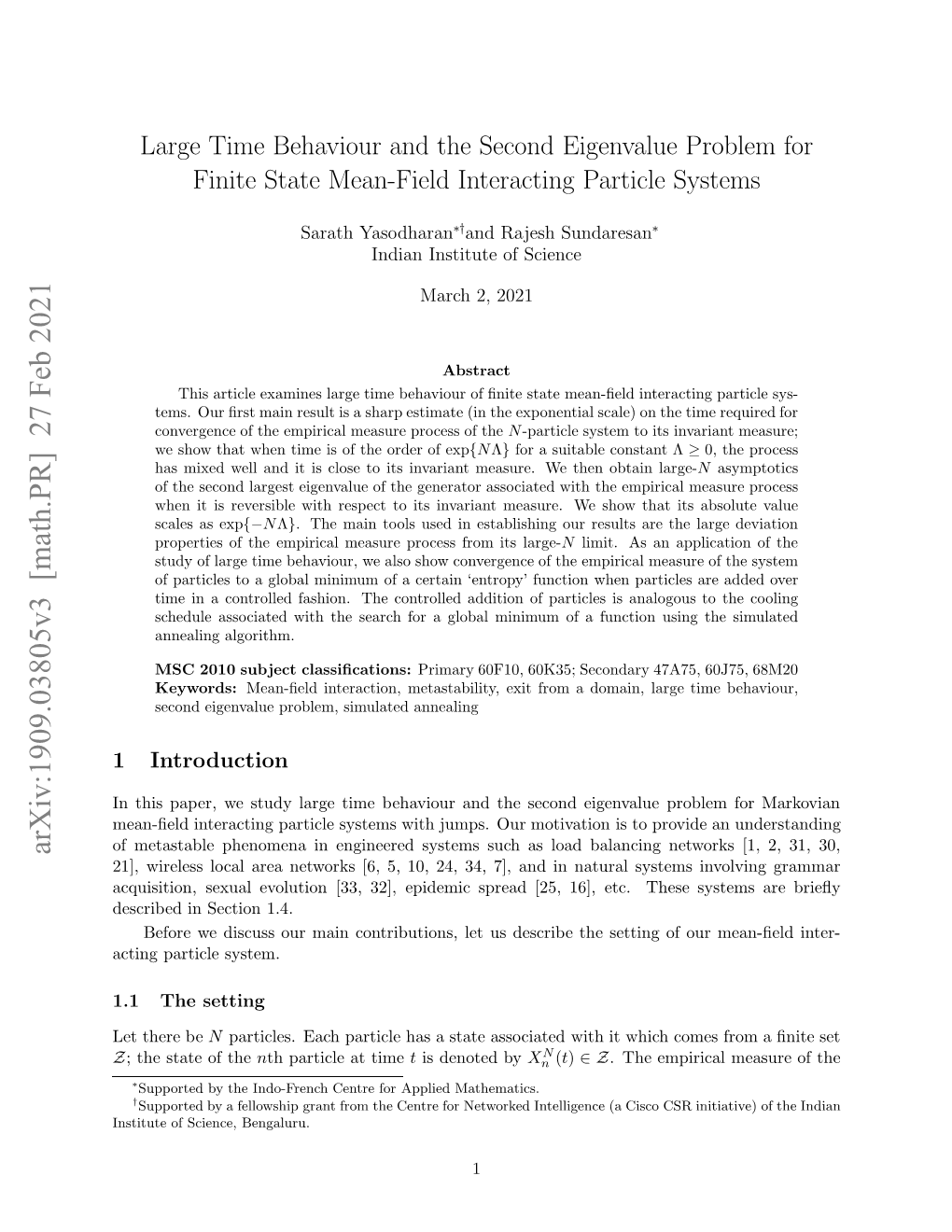 Arxiv:1909.03805V3 [Math.PR] 27 Feb 2021 Nttt Fsine Bengaluru