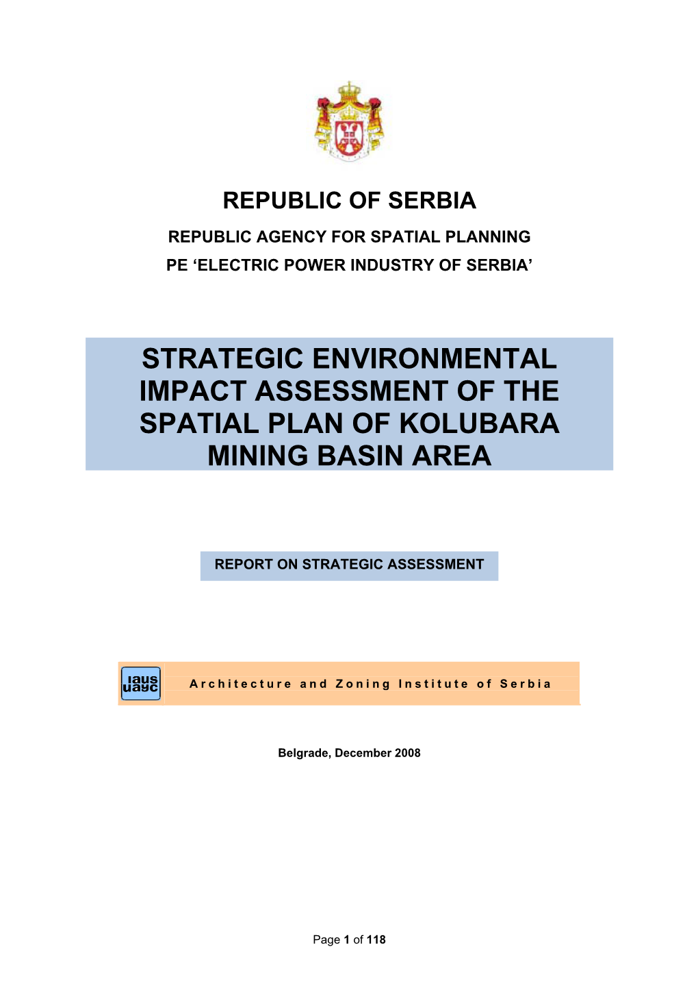 Strategic Environmental Impact Assessment of the Spatial Plan of Kolubara